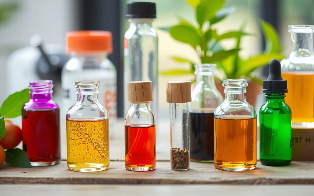 Close-up of vibrant, natural botanical extracts in glass vials, with scientific lab equipment in soft focus background.