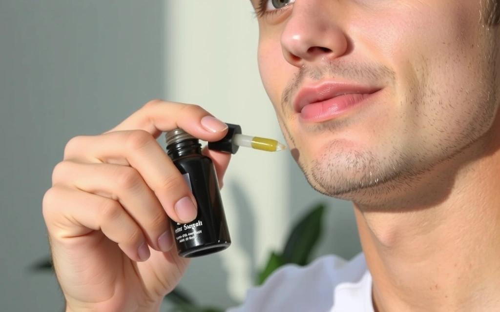 A man applying a natural face serum, symbolizing men's skincare routine