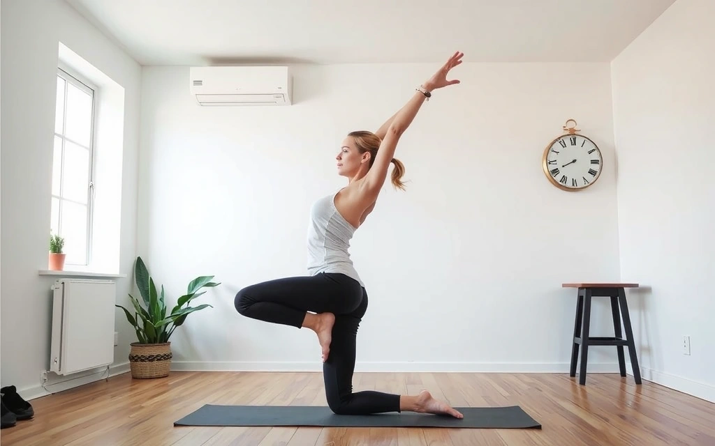 A woman performing a gentle yoga pose in a bright, airy room, depicting self-care