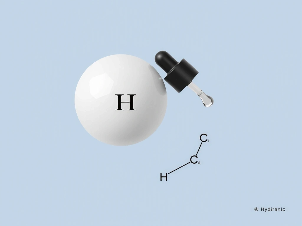 Image of a single, plump Hyaluronic Acid molecule alongside a dropper bottle of serum, illustrating hydration.
