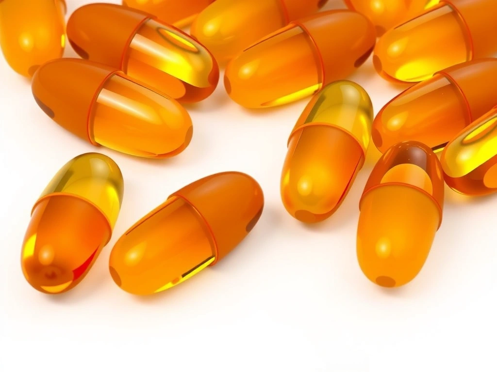 Render of Omega-3 rich fish oil capsules on a white background, highlighting their smooth texture and golden hue.