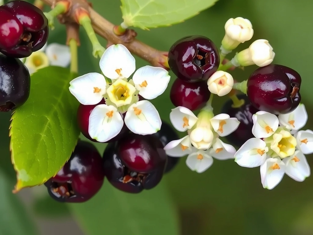 Vibrant purple Elderberry fruits and flowers on a branch, symbolizing immune support and natural remedies.