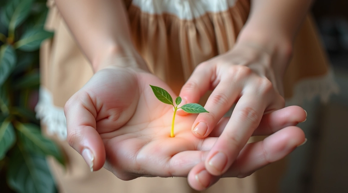 A serene image of a hand holding a glowing plant, symbolizing natural wellness and data protection.