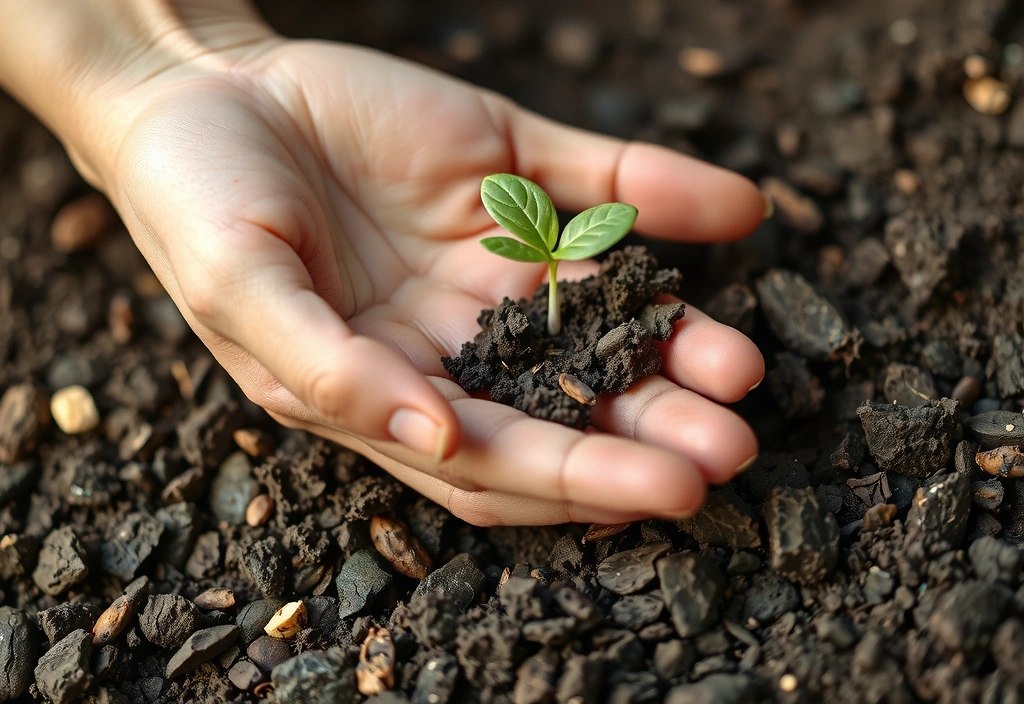 A close-up of a hand gently holding a small plant sprout in rich soil, symbolizing growth, care, and natural origins, with soft, inviting light.