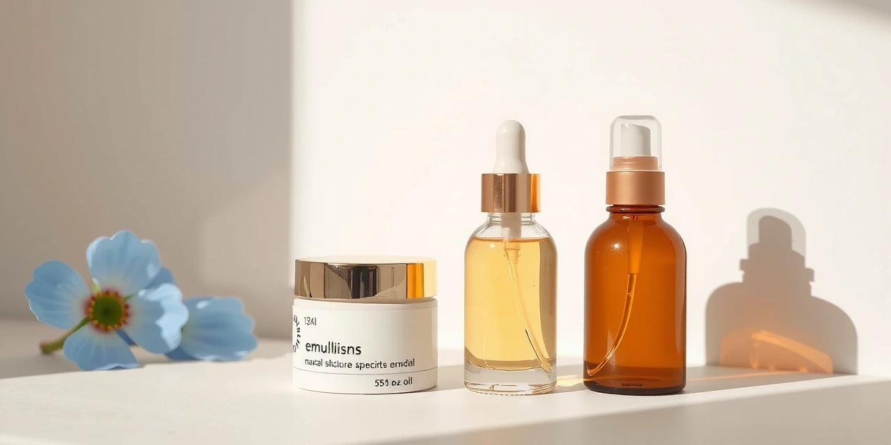 Minimalist, clean image of light, natural skincare emulsions for women, soft textures, no text.
